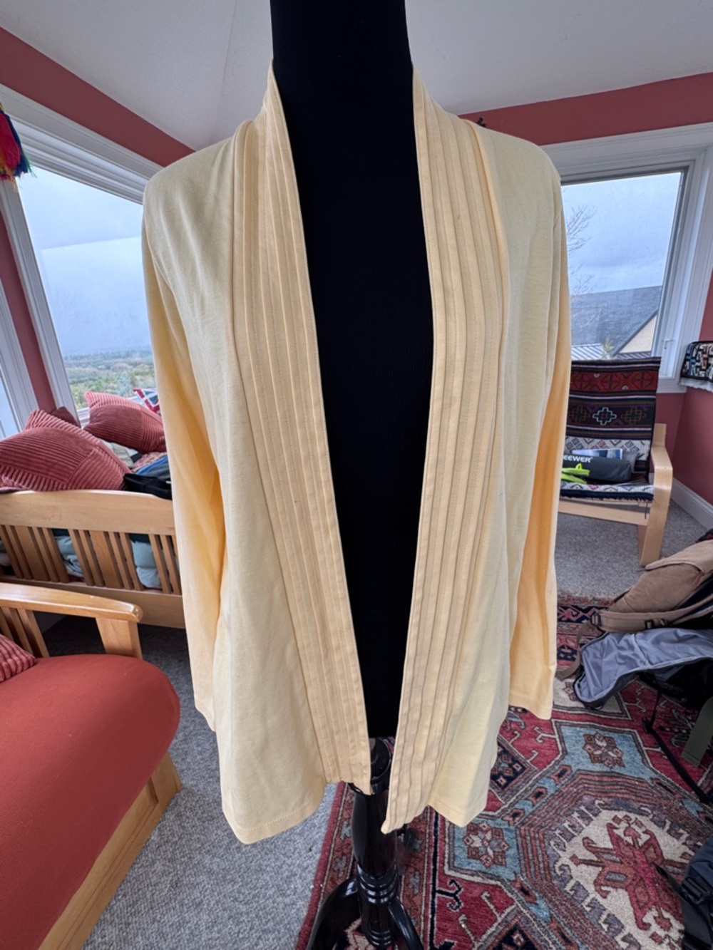 L.L. Bean Soft Pale Yellow Open-Front Pleated Cardigan